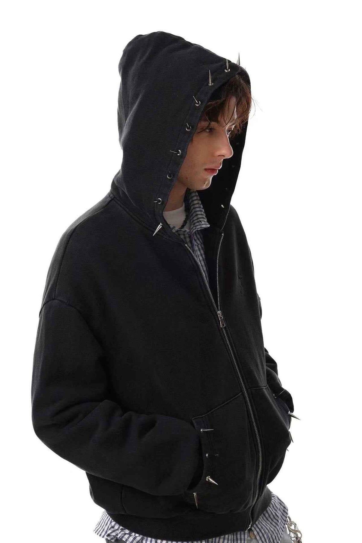Street Style Retro Studded Zip-Up Hoodie