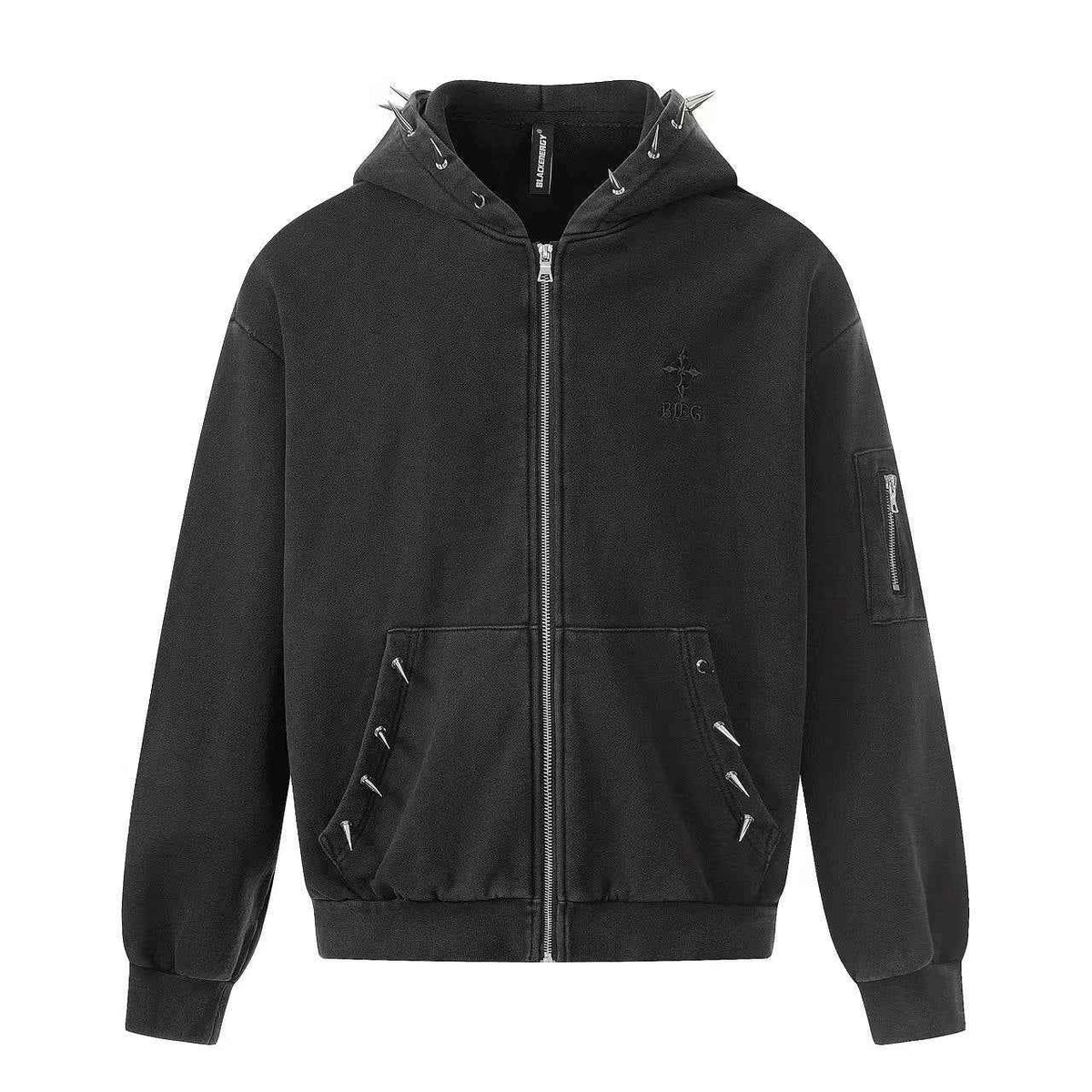 Street Style Retro Studded Zip-Up Hoodie