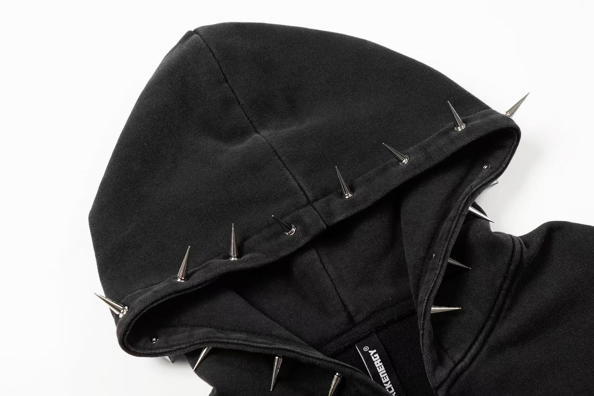 Street Style Retro Studded Zip-Up Hoodie - OMYGOODS