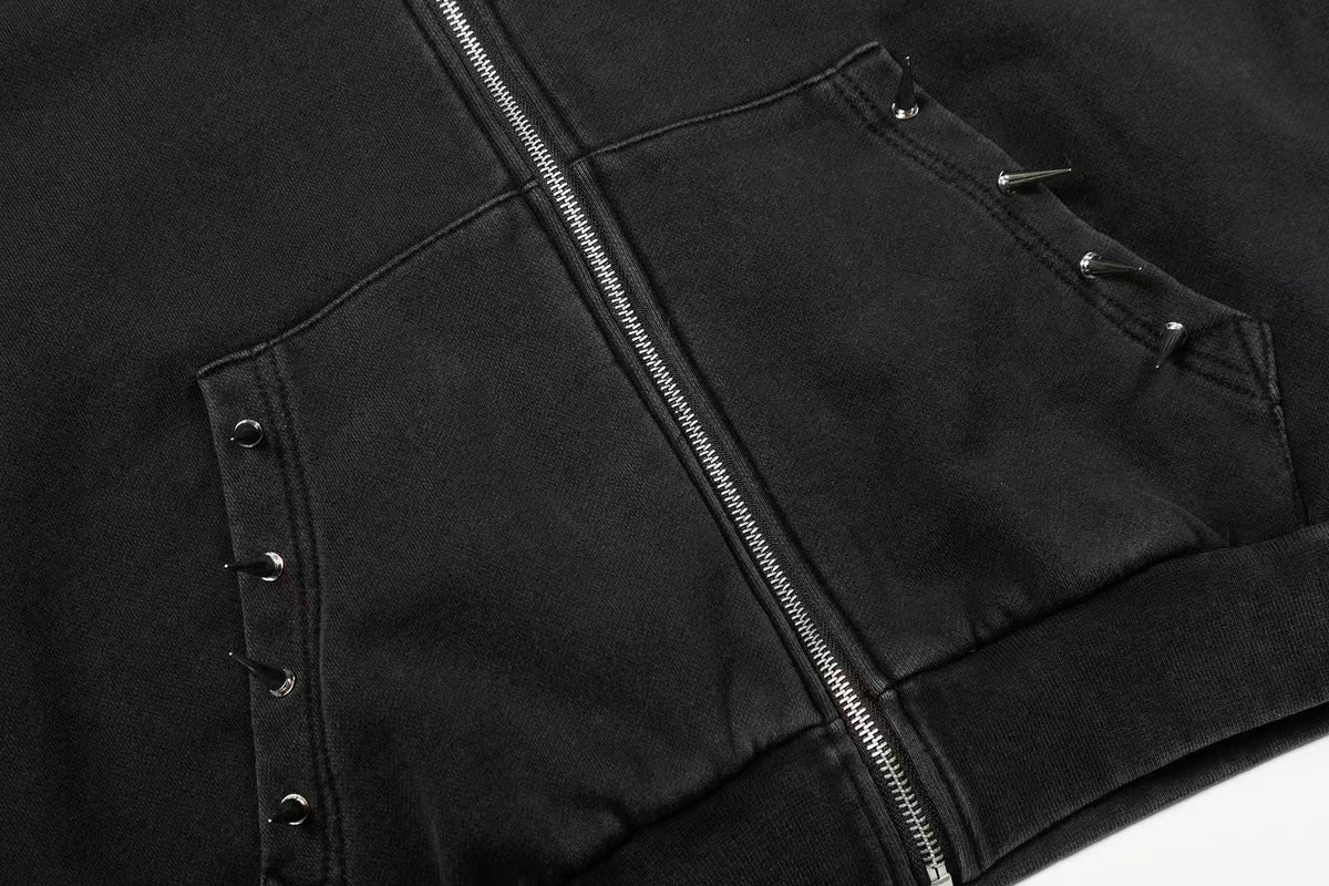 Street Style Retro Studded Zip-Up Hoodie - OMYGOODS