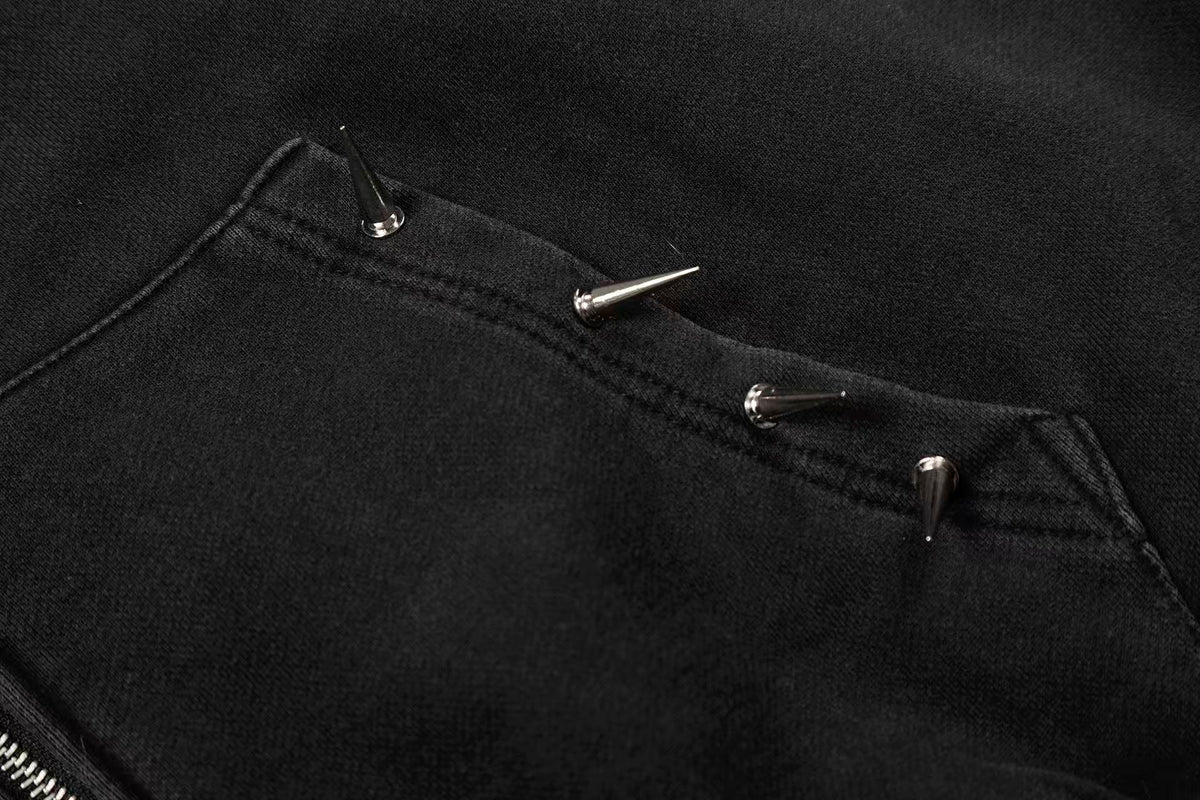 Street Style Retro Studded Zip-Up Hoodie - OMYGOODS