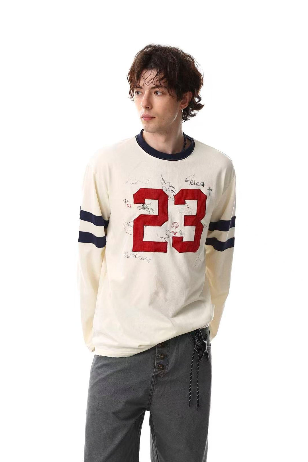 Distressed Patch Number 23 Embroidery Long Sleeve - OMYGOODS