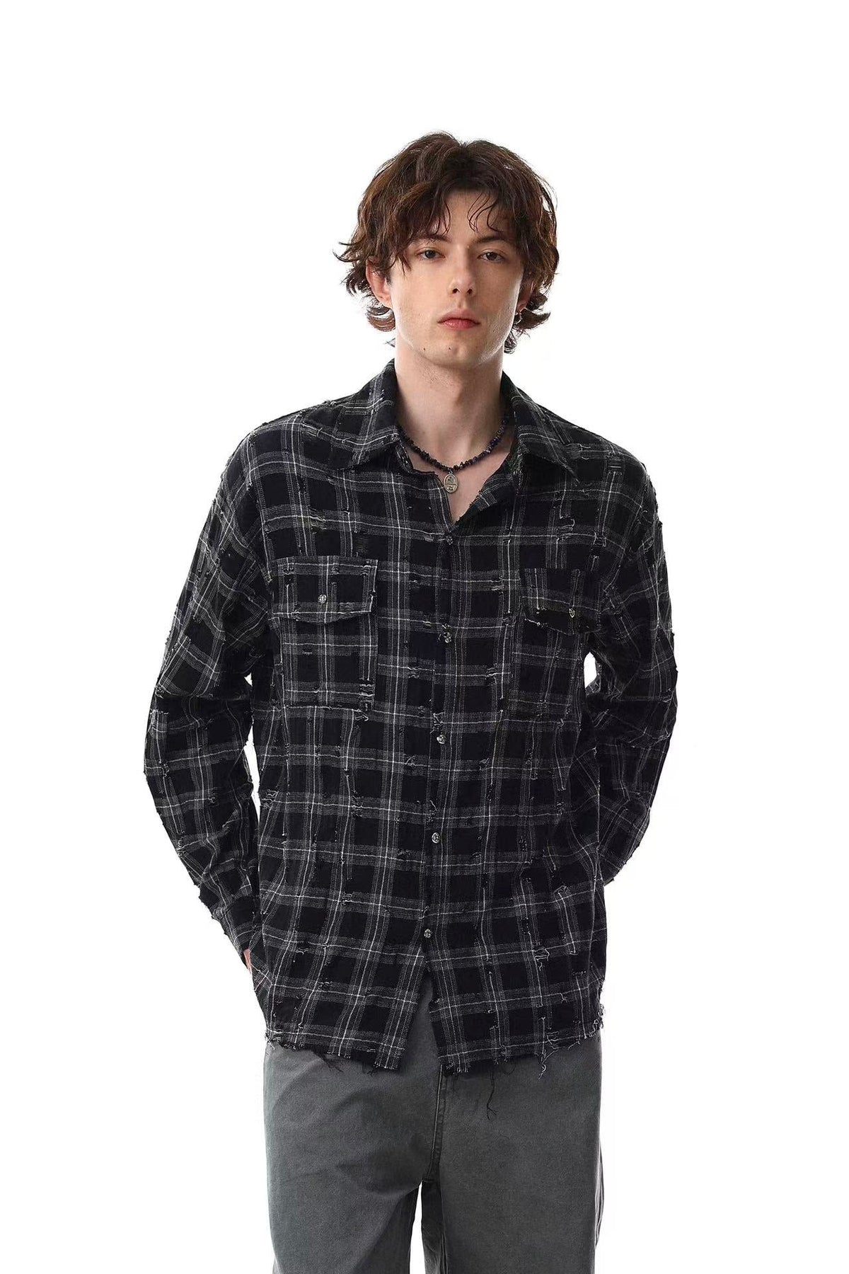 Streetwear Distressed Ripped Plaid Long Sleeve Shirt - OMYGOODS