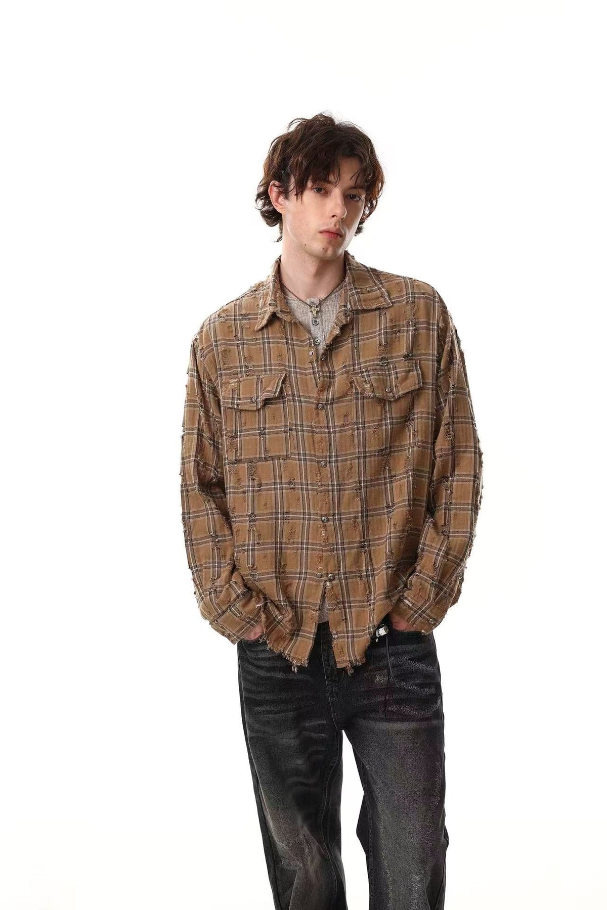 Streetwear Distressed Ripped Plaid Long Sleeve Shirt - OMYGOODS