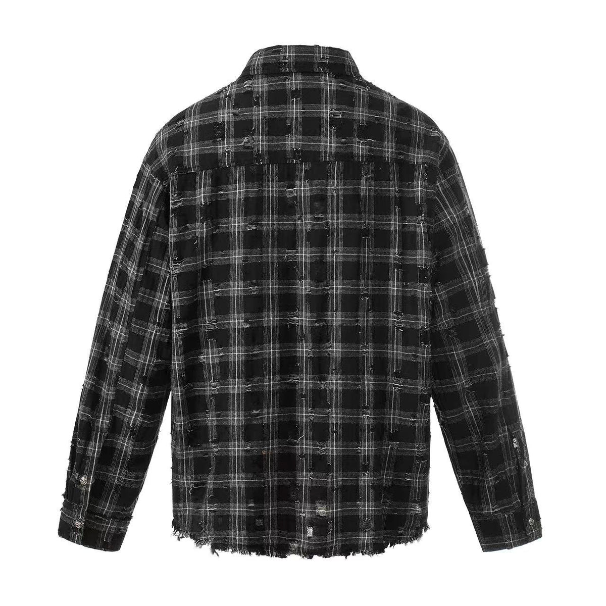 Streetwear Distressed Ripped Plaid Long Sleeve Shirt - OMYGOODS