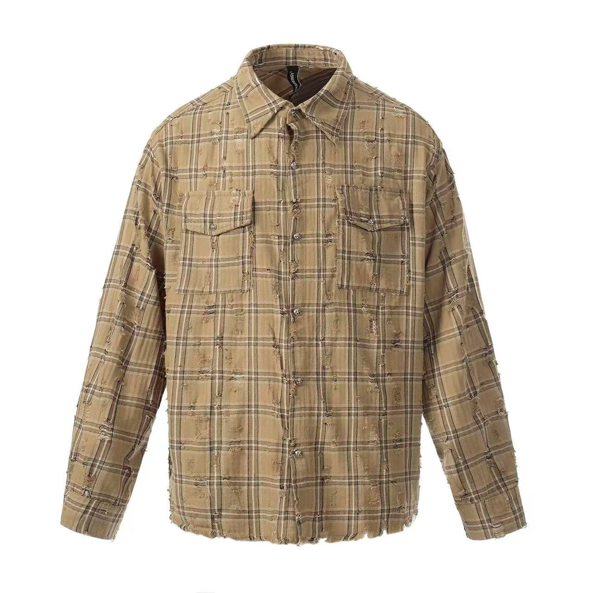 Streetwear Distressed Ripped Plaid Long Sleeve Shirt - OMYGOODS