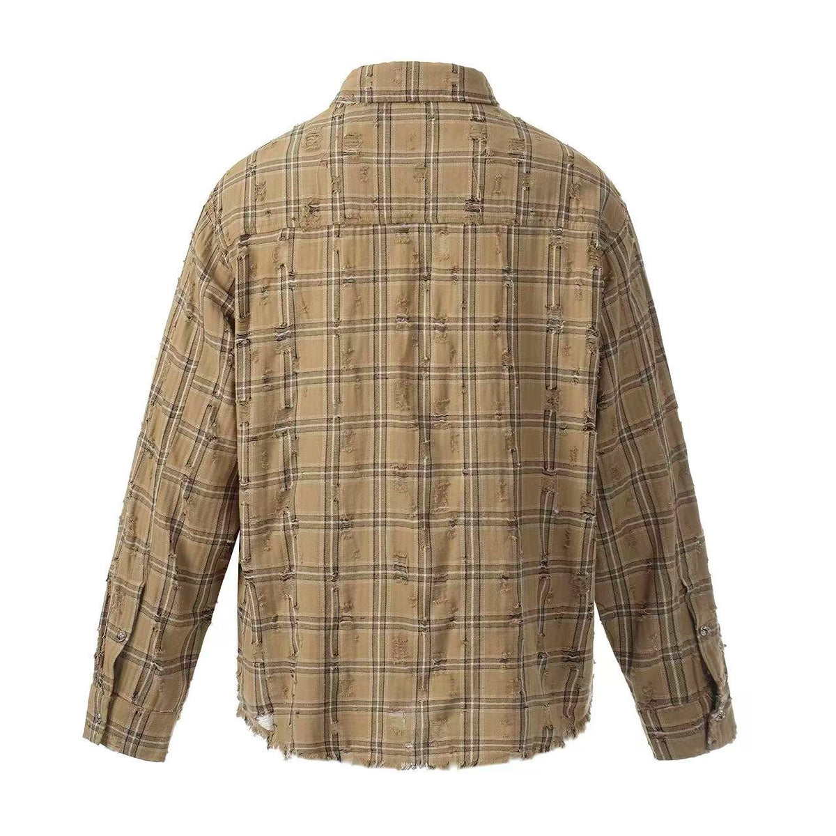 Streetwear Distressed Ripped Plaid Long Sleeve Shirt - OMYGOODS