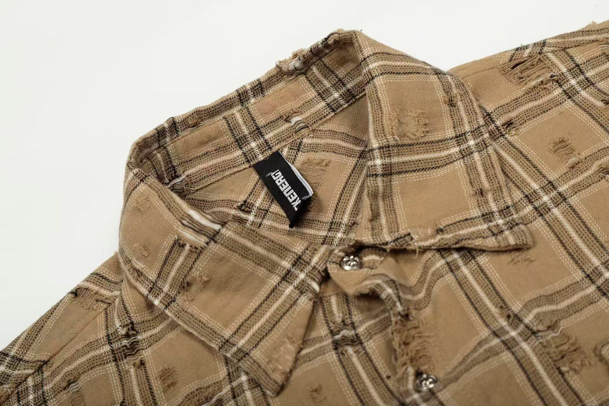 Streetwear Distressed Ripped Plaid Long Sleeve Shirt - OMYGOODS