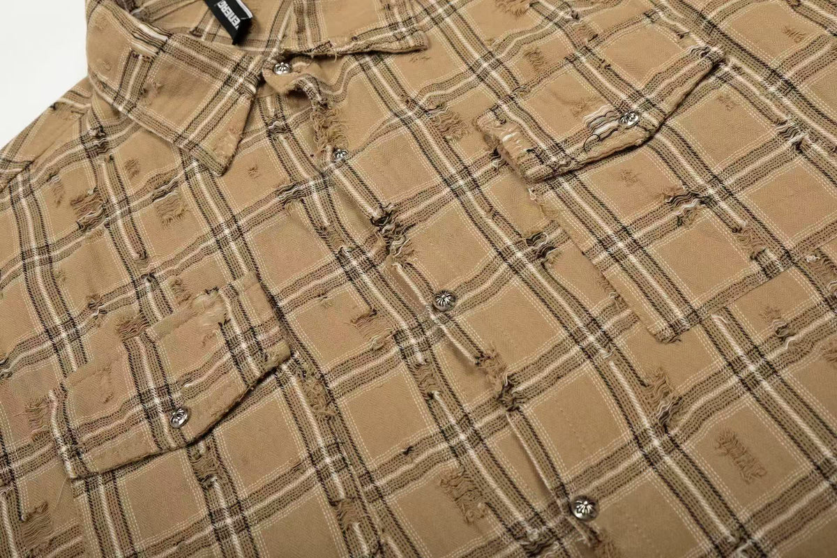 Streetwear Distressed Ripped Plaid Long Sleeve Shirt - OMYGOODS