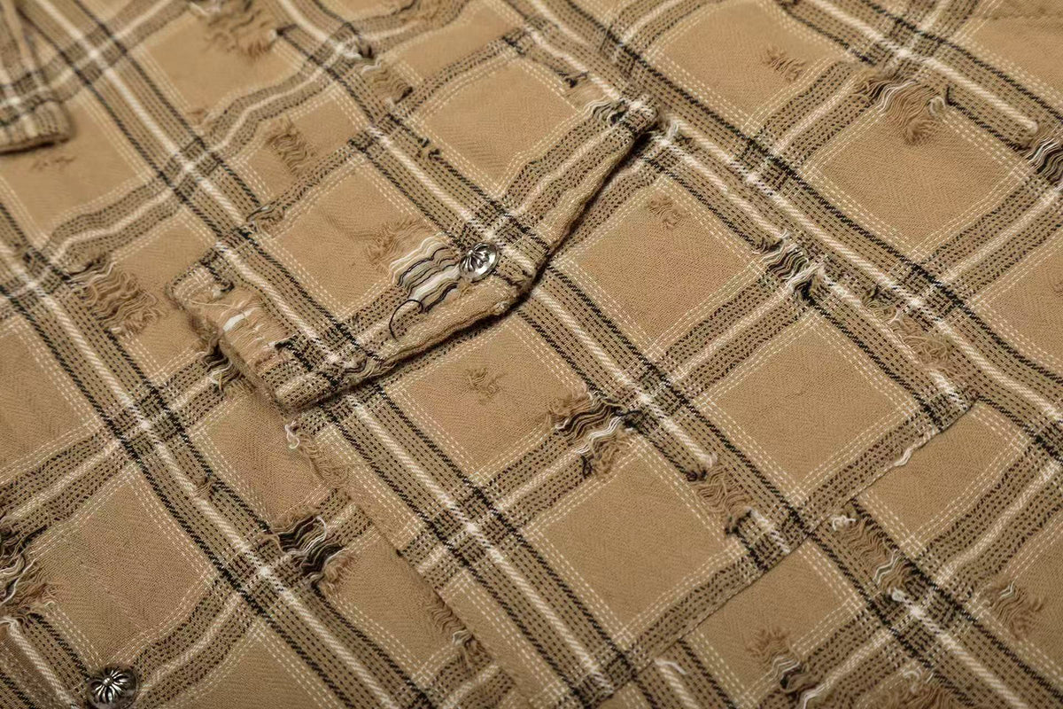 Streetwear Distressed Ripped Plaid Long Sleeve Shirt - OMYGOODS