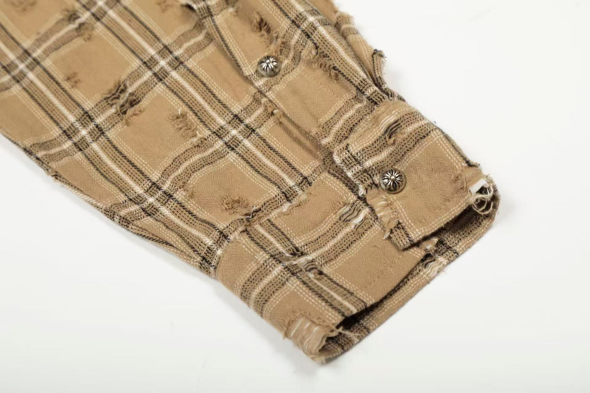 Streetwear Distressed Ripped Plaid Long Sleeve Shirt - OMYGOODS