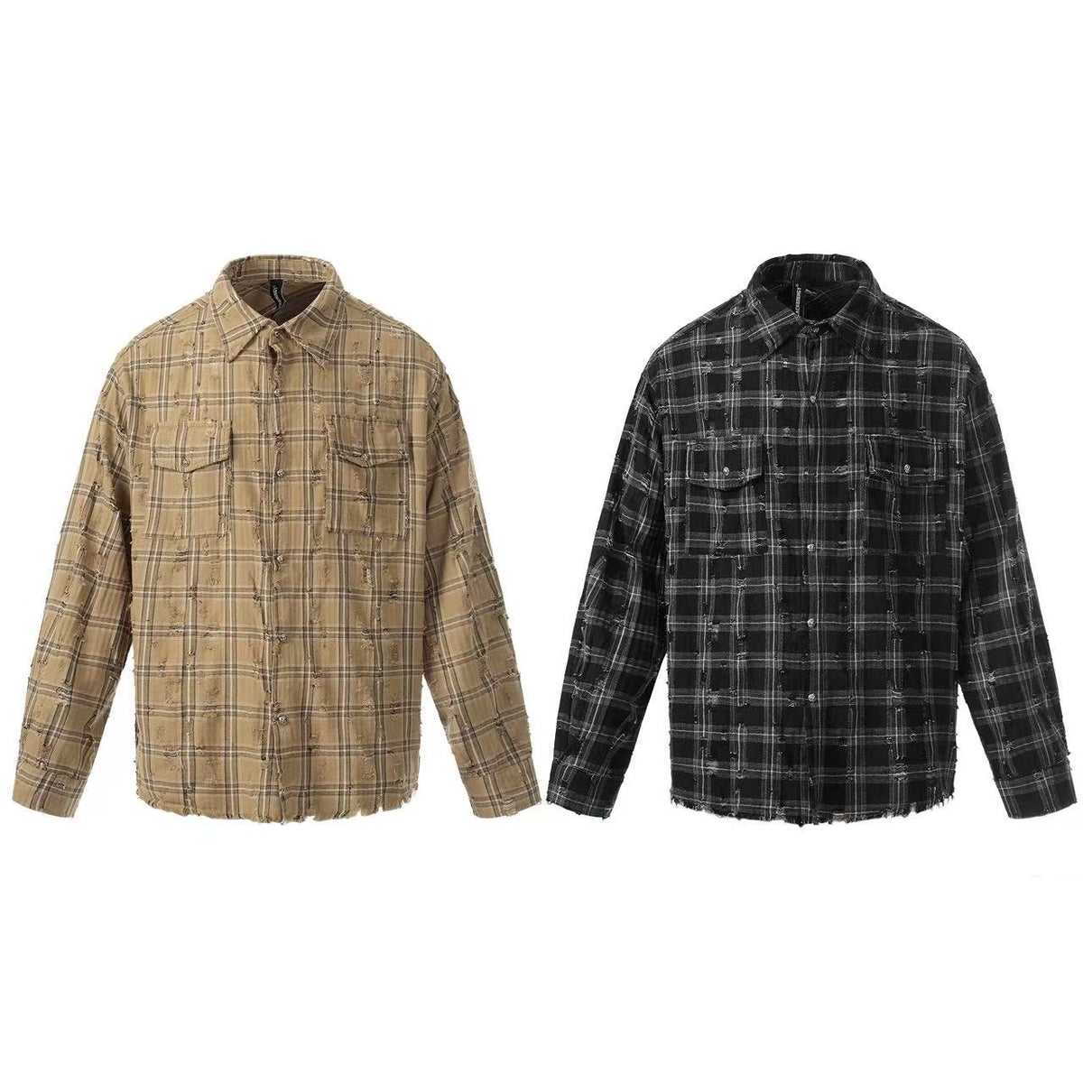 Streetwear Distressed Ripped Plaid Long Sleeve Shirt - OMYGOODS