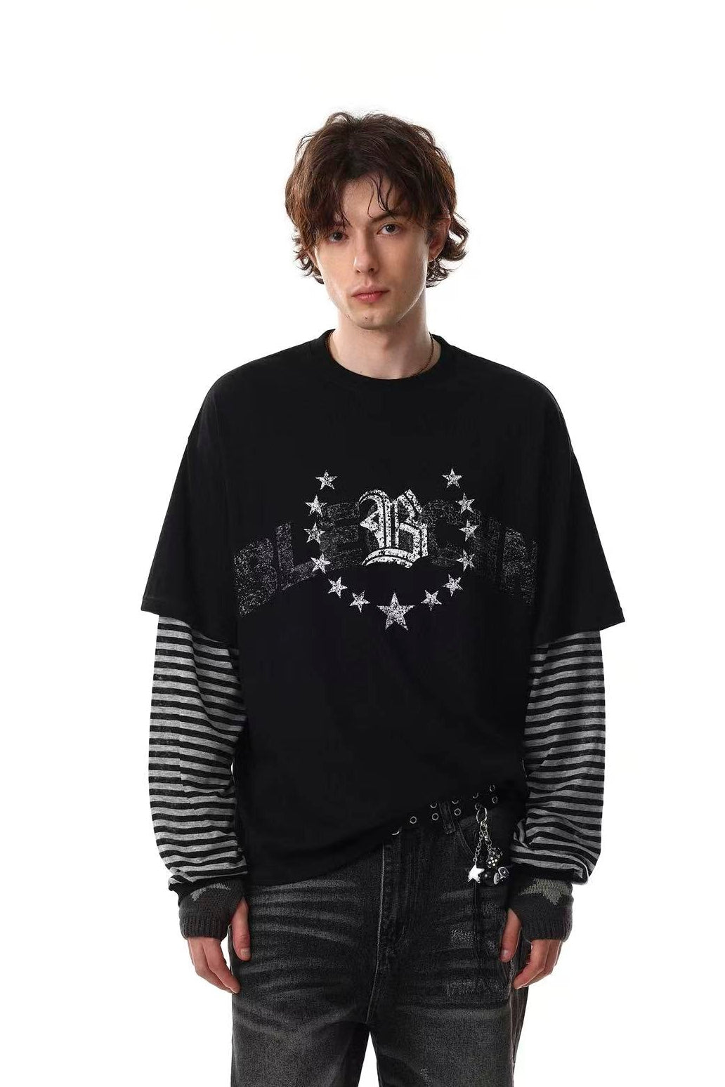 Distressed Star Gothic Fake Two-Piece Long Sleeve - OMYGOODS