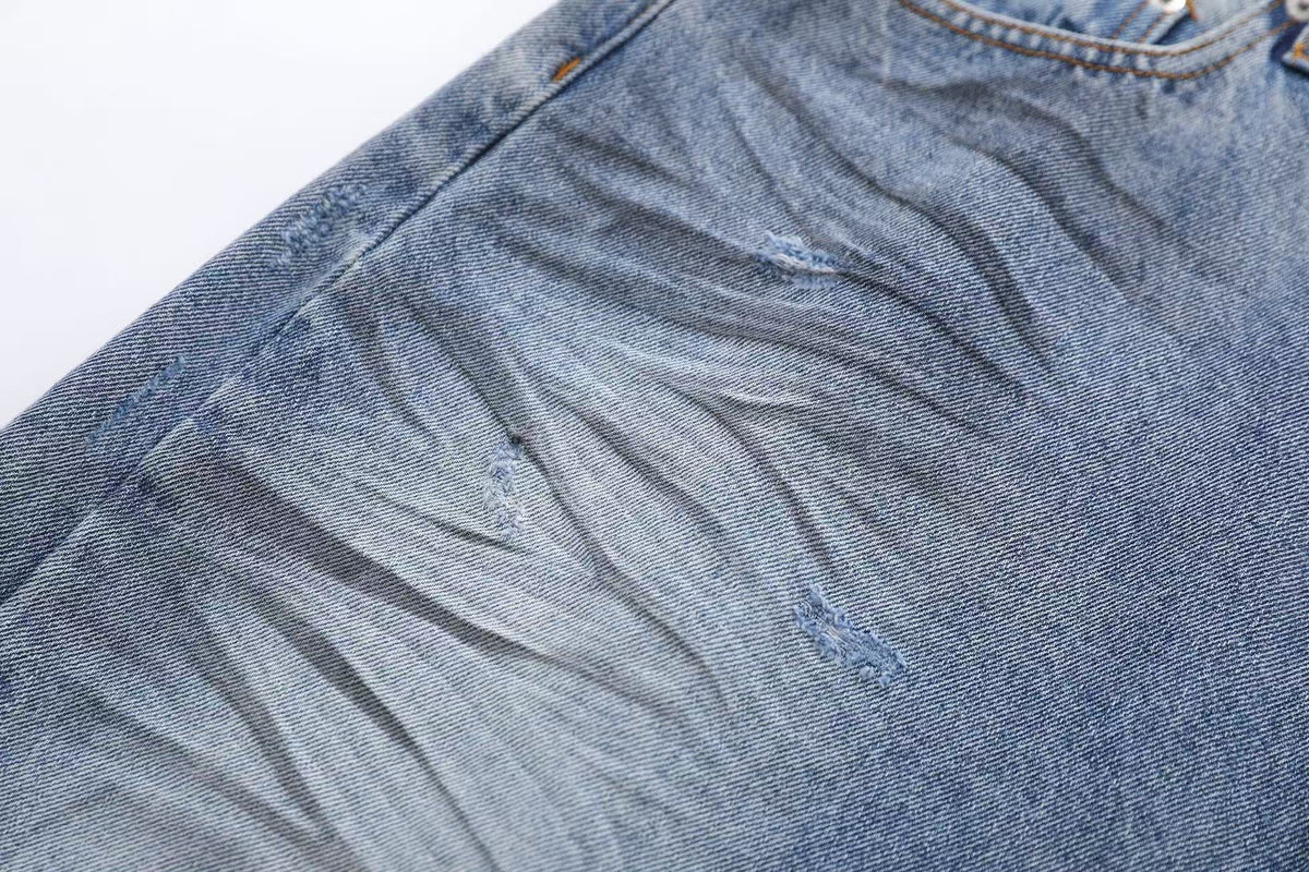 Distressed Washed Wide-Leg Denim Jorts - OMYGOODS