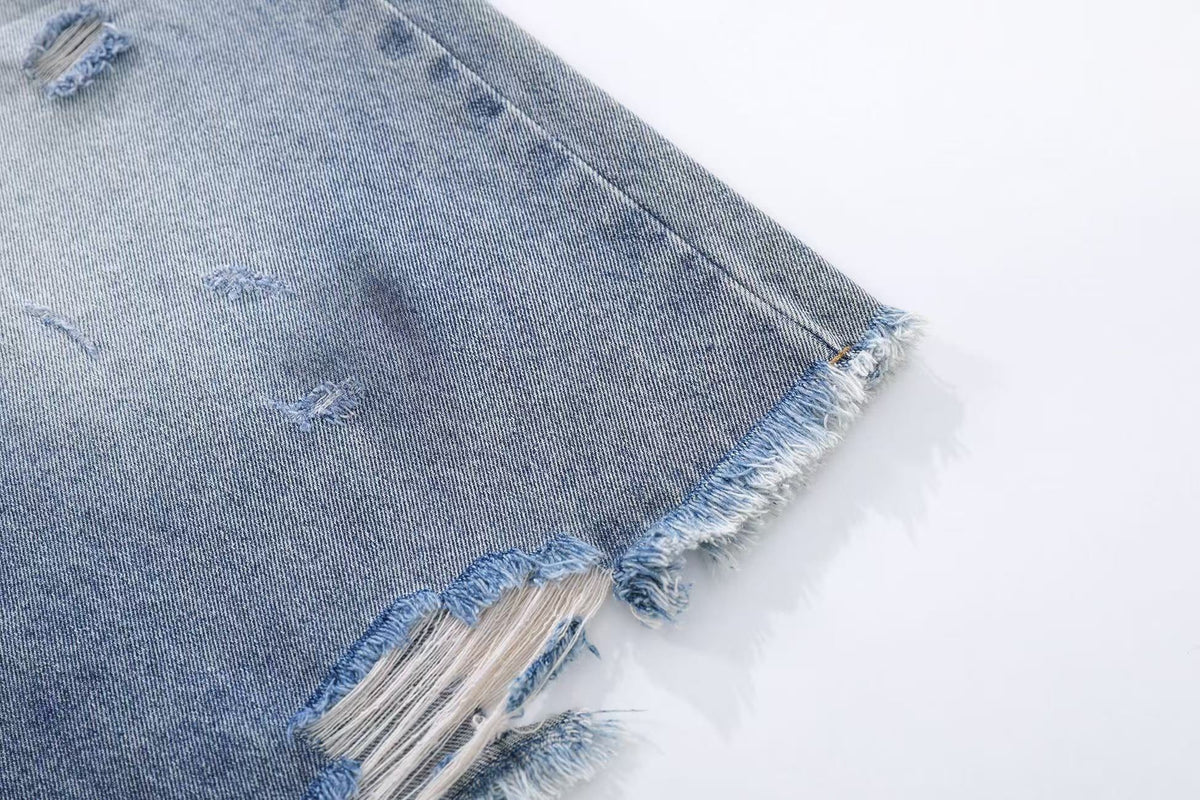 Distressed Washed Wide-Leg Denim Jorts - OMYGOODS