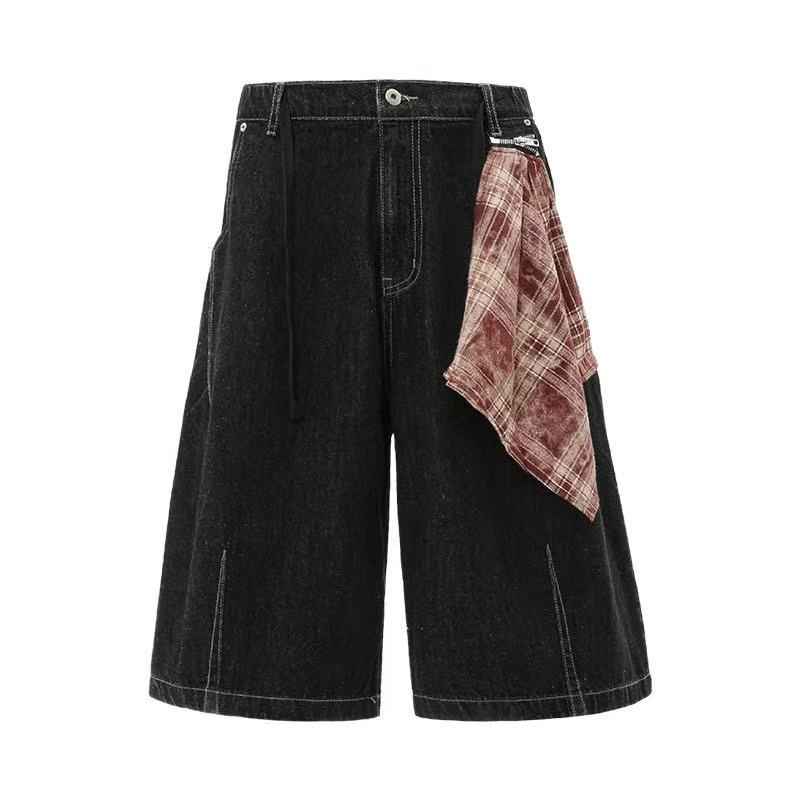 Vintage Washed Detachable Plaid Bandana Wide-Leg Jorts