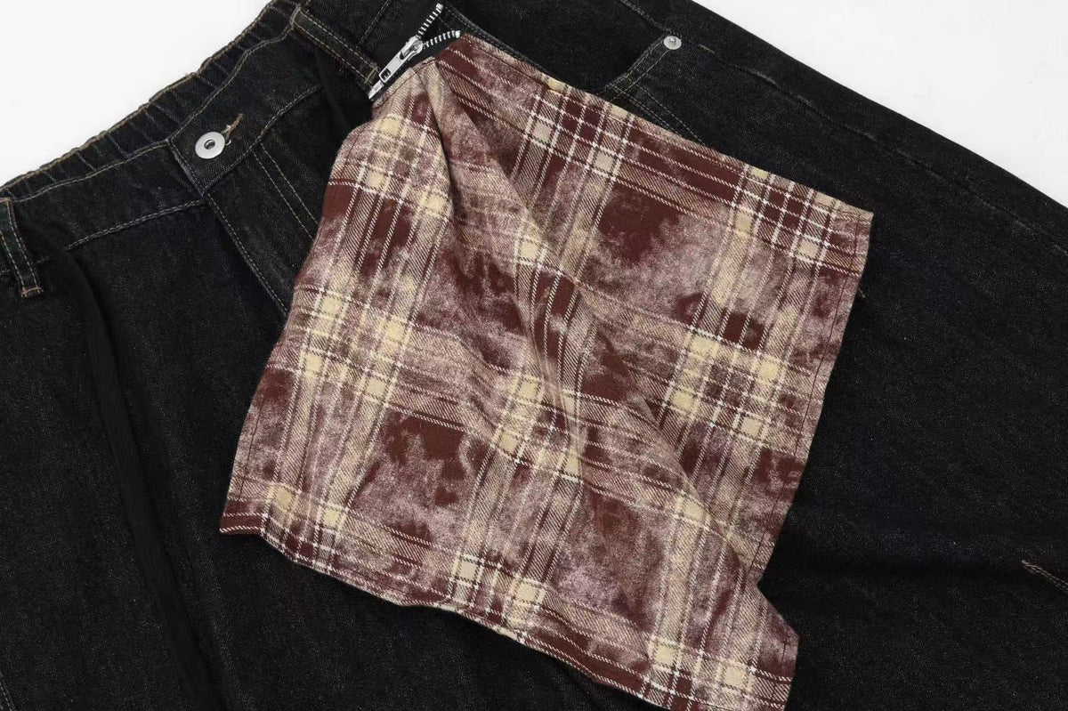 Vintage Washed Detachable Plaid Bandana Wide-Leg Jorts - OMYGOODS