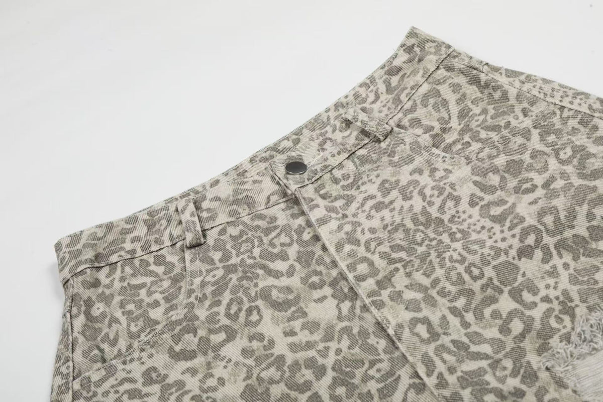 Distressed Leopard Print Baggy Wide-Leg Jorts - OMYGOODS