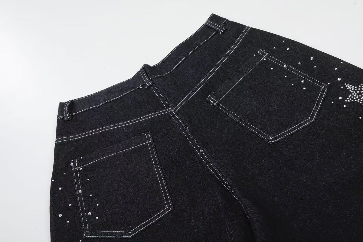 Streetwear Rhinestone Splatter Wide-Leg Jorts - OMYGOODS