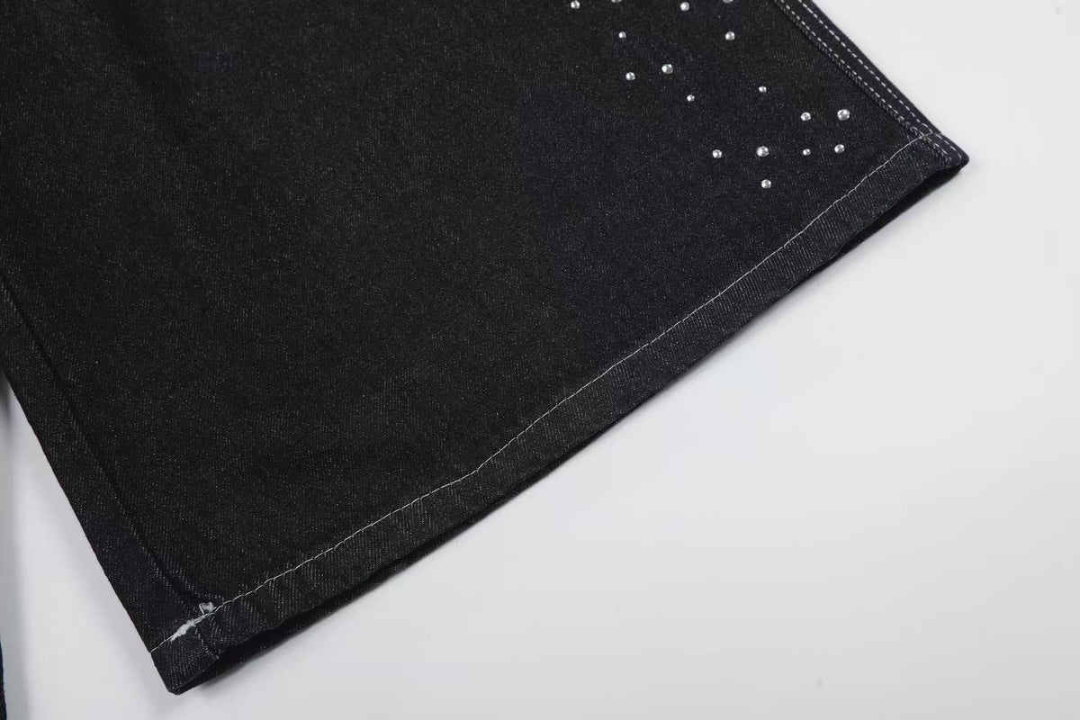 Streetwear Rhinestone Splatter Wide-Leg Jorts - OMYGOODS
