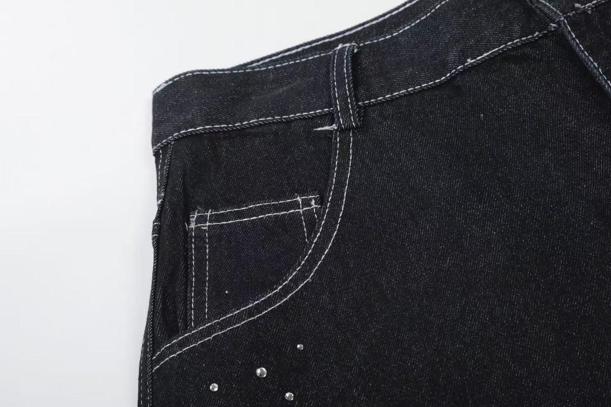 Streetwear Rhinestone Splatter Wide-Leg Jorts - OMYGOODS