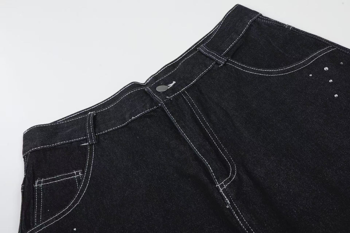 Streetwear Rhinestone Splatter Wide-Leg Jorts - OMYGOODS