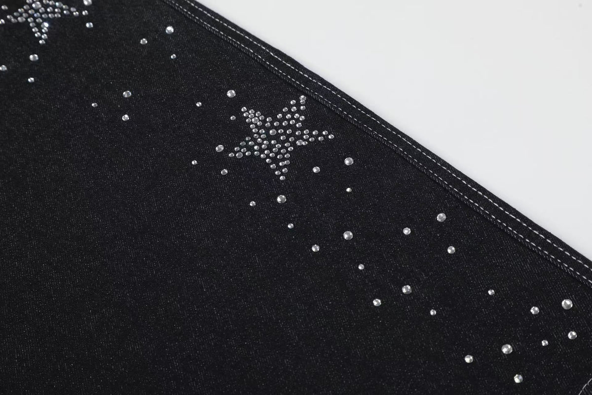 Streetwear Rhinestone Splatter Wide-Leg Jorts - OMYGOODS
