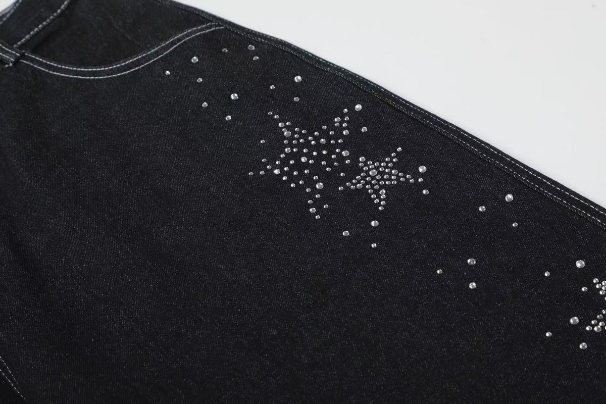 Streetwear Rhinestone Splatter Wide-Leg Jorts - OMYGOODS