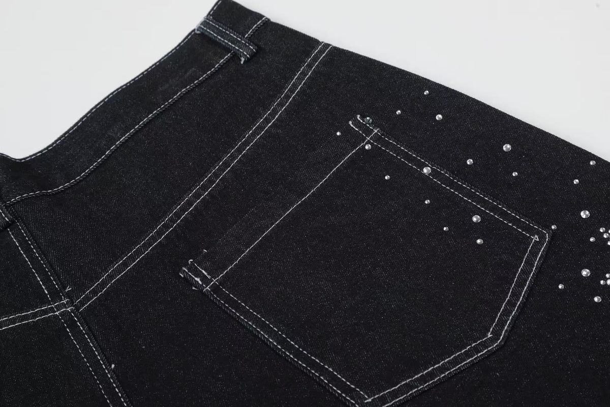 Streetwear Rhinestone Splatter Wide-Leg Jorts - OMYGOODS