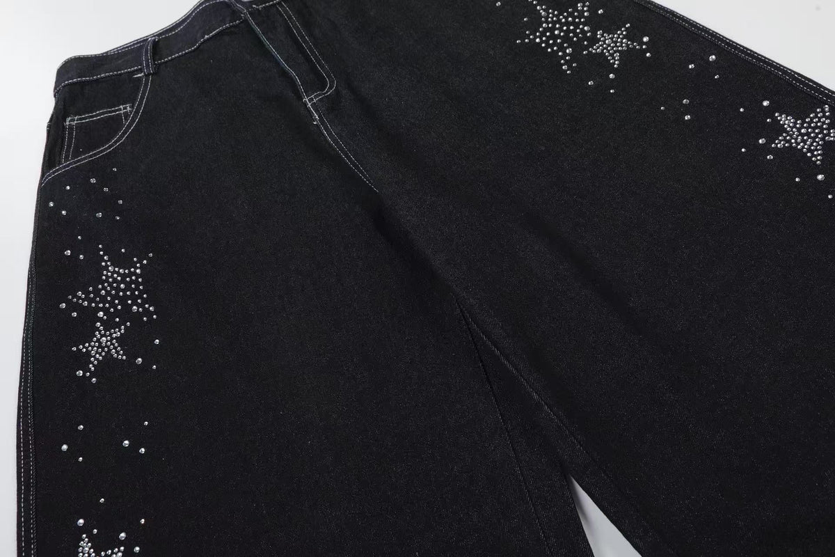 Streetwear Rhinestone Splatter Wide-Leg Jorts - OMYGOODS