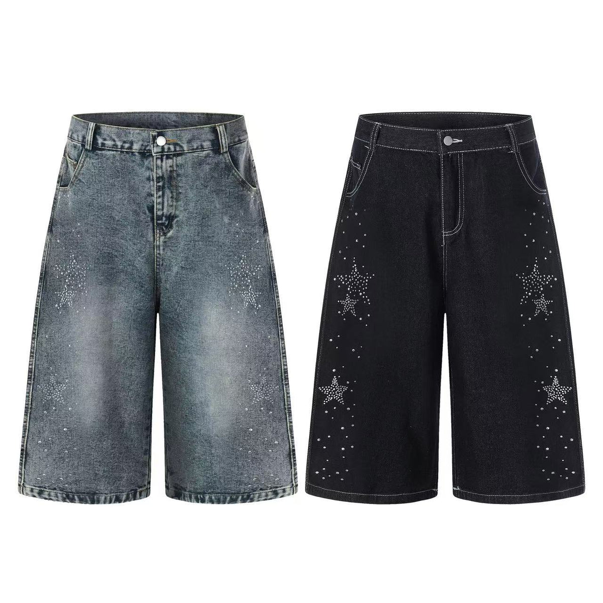 Streetwear Rhinestone Splatter Wide-Leg Jorts - OMYGOODS
