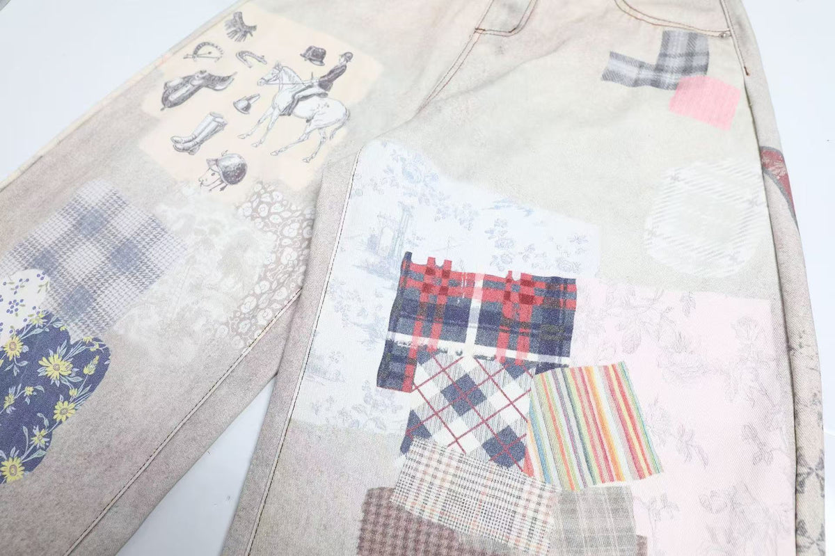 Vintage Patchwork Print Baggy Jeans - OMYGOODS
