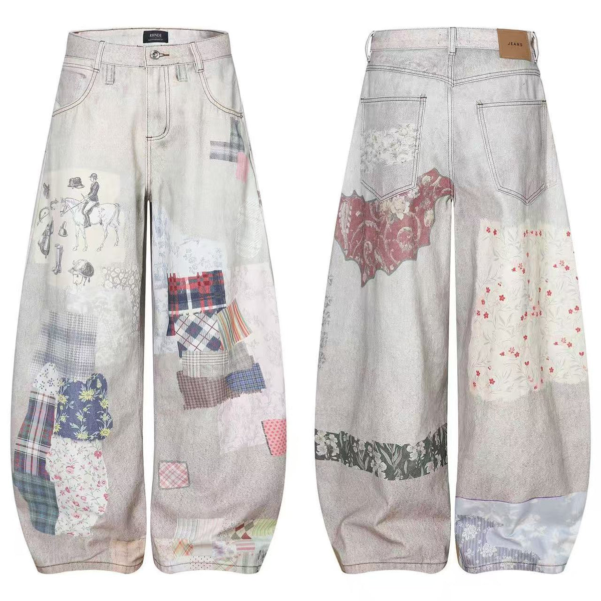Vintage Patchwork Print Baggy Jeans - OMYGOODS