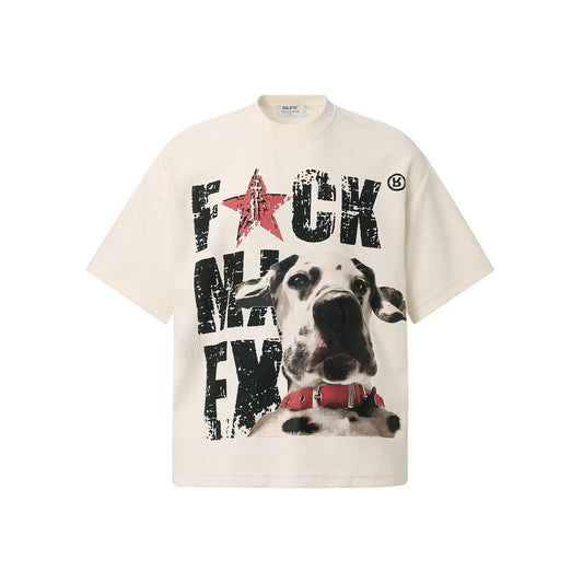 Streetwear Waffle Knit Slogan & Dog Print T-Shirt - OMYGOODS
