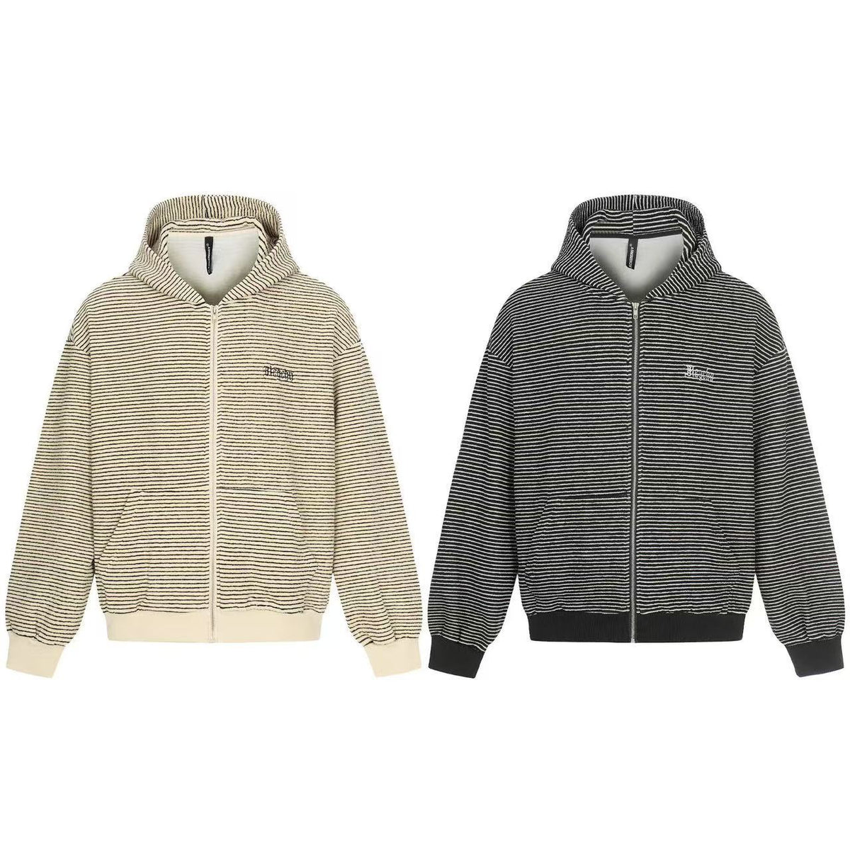 Studded Bear Ear Striped Zip-Up Hoodie - OMYGOODS