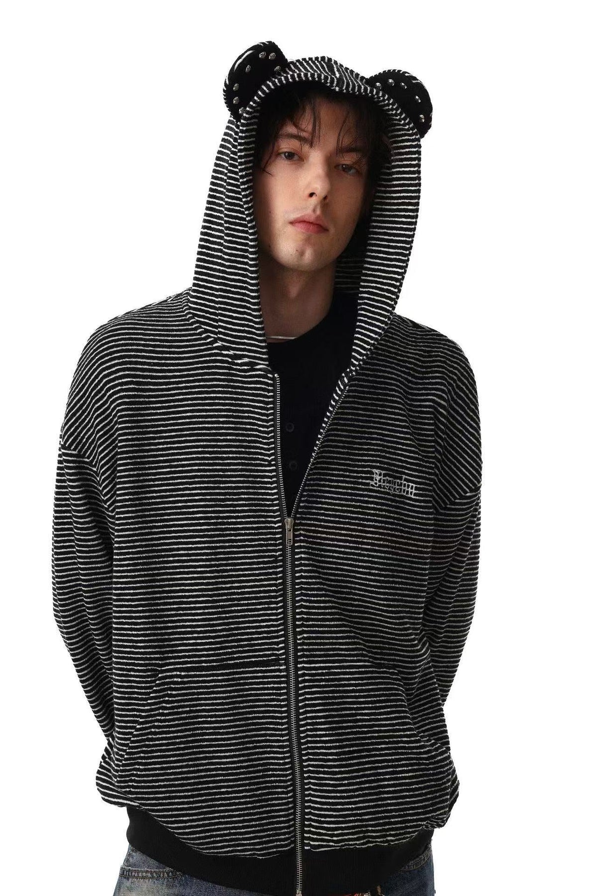 Studded Bear Ear Striped Zip-Up Hoodie - OMYGOODS