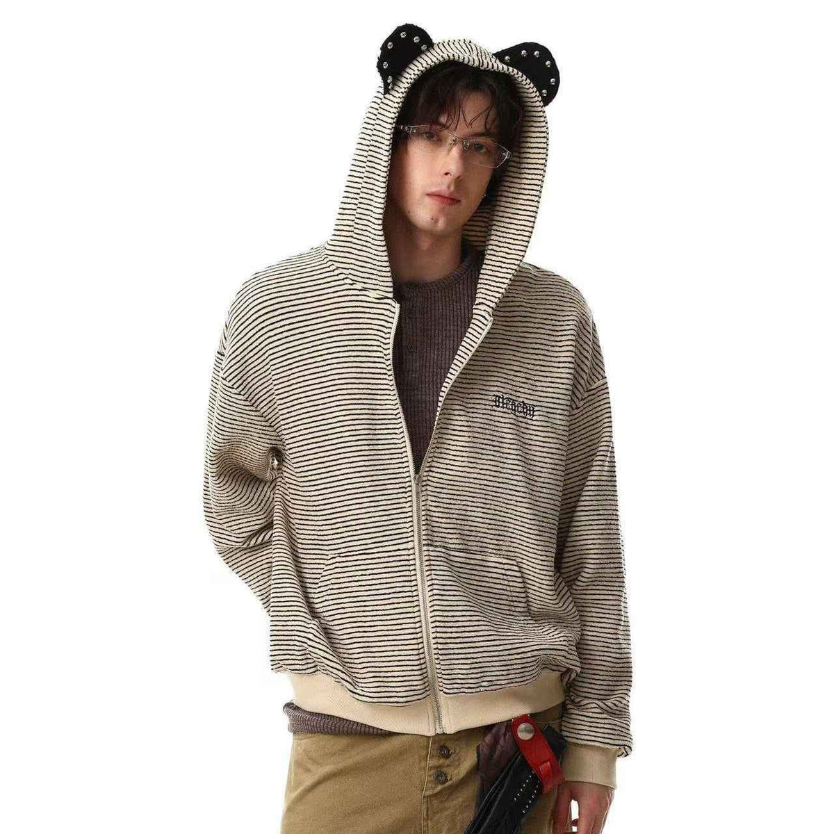 Studded Bear Ear Striped Zip-Up Hoodie