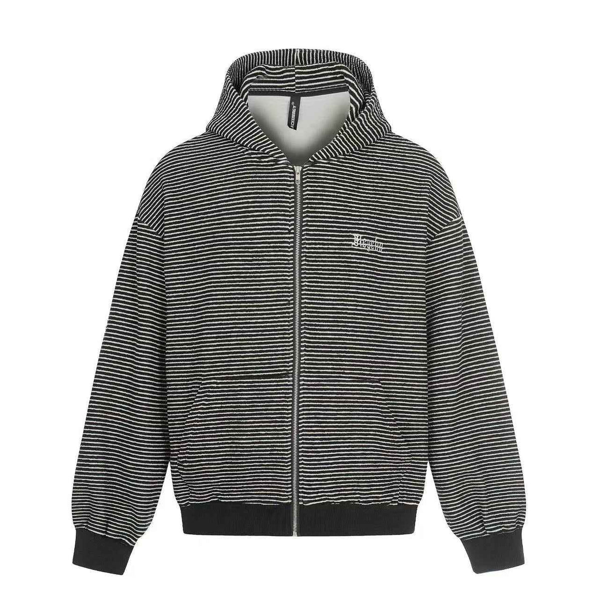 Studded Bear Ear Striped Zip-Up Hoodie