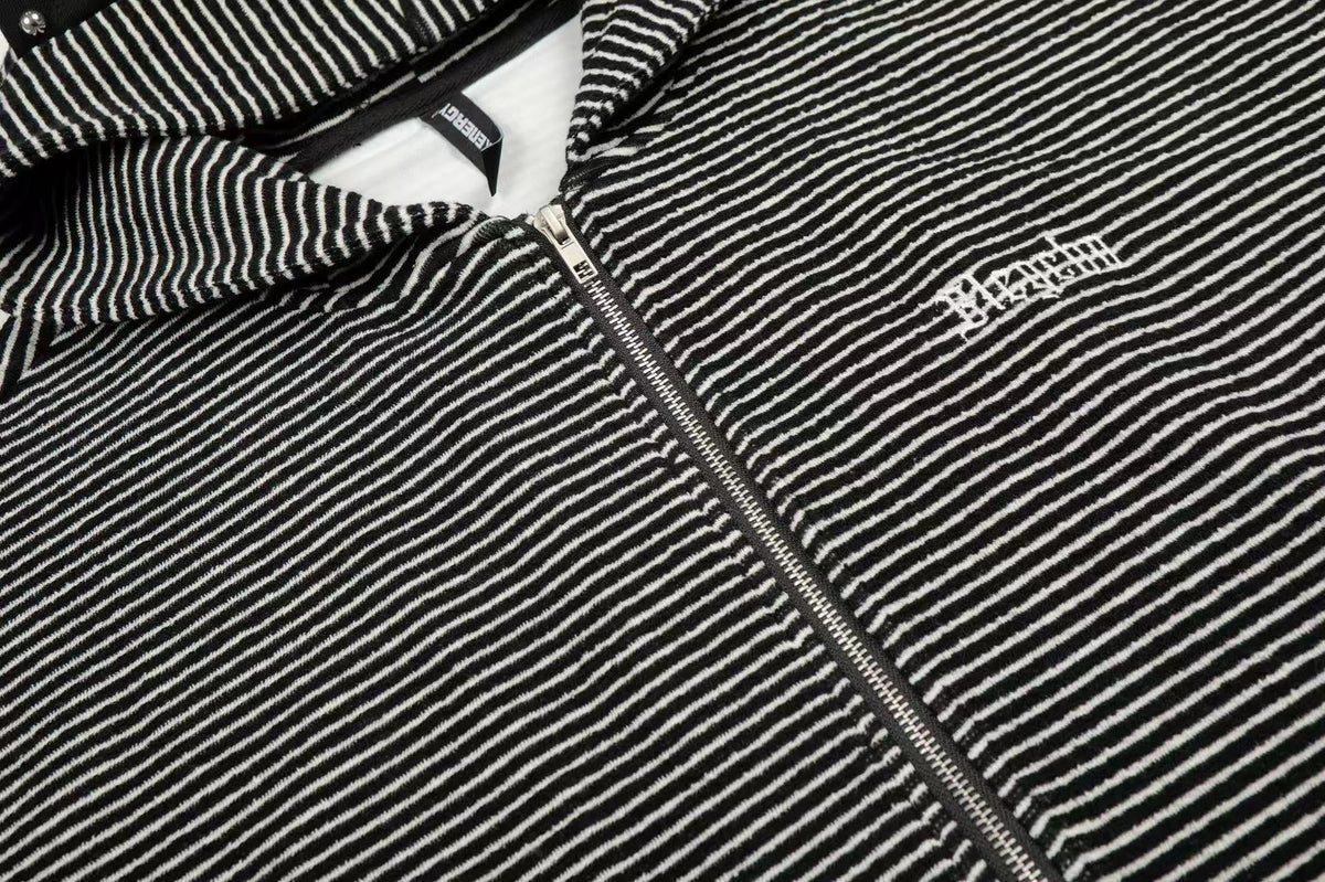 Studded Bear Ear Striped Zip-Up Hoodie - OMYGOODS