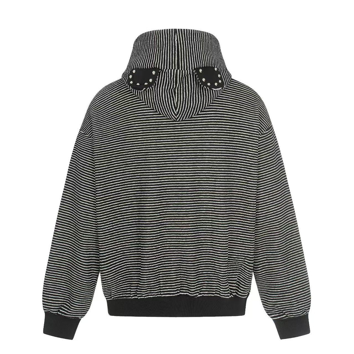 Studded Bear Ear Striped Zip-Up Hoodie - OMYGOODS