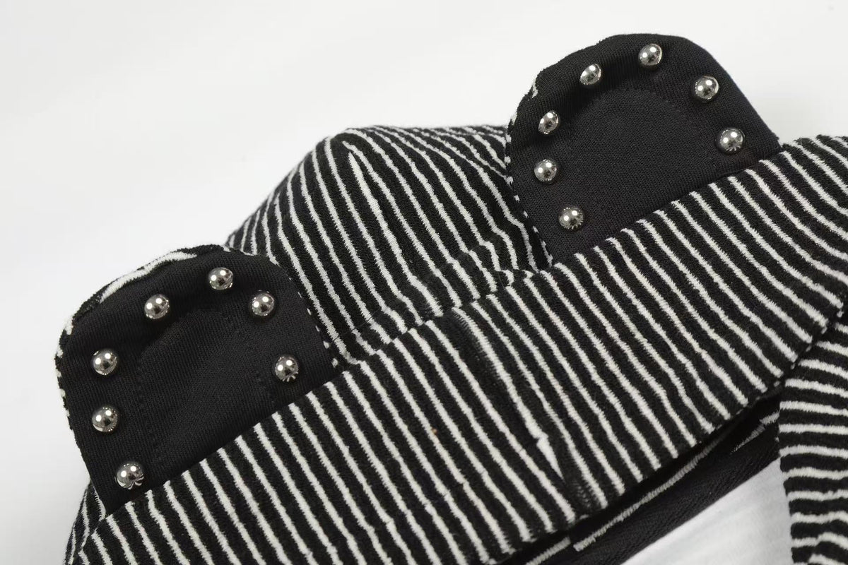 Studded Bear Ear Striped Zip-Up Hoodie - OMYGOODS