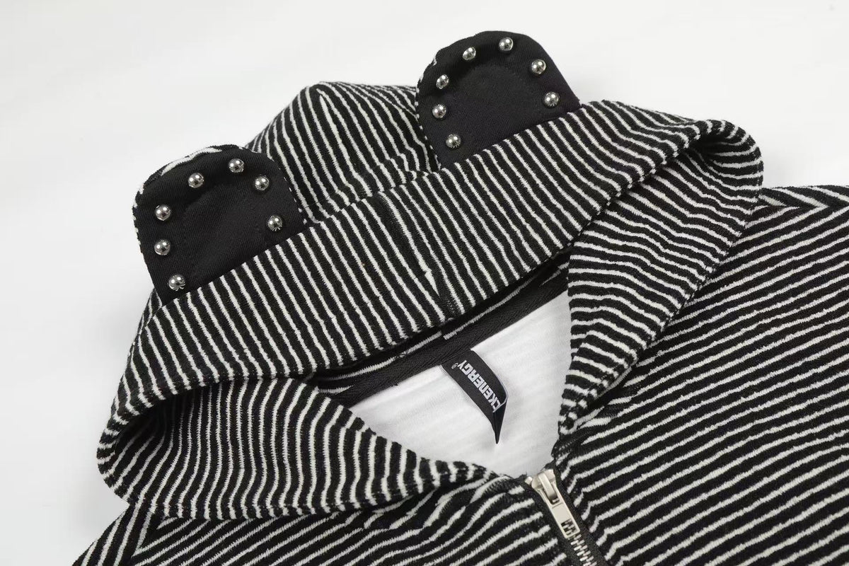 Studded Bear Ear Striped Zip-Up Hoodie - OMYGOODS