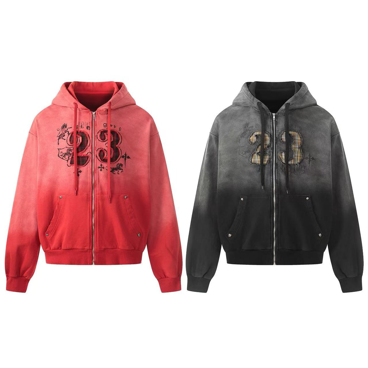 Wash Gradient 23 Plaid Patch Zip-Up Hoodie - OMYGOODS