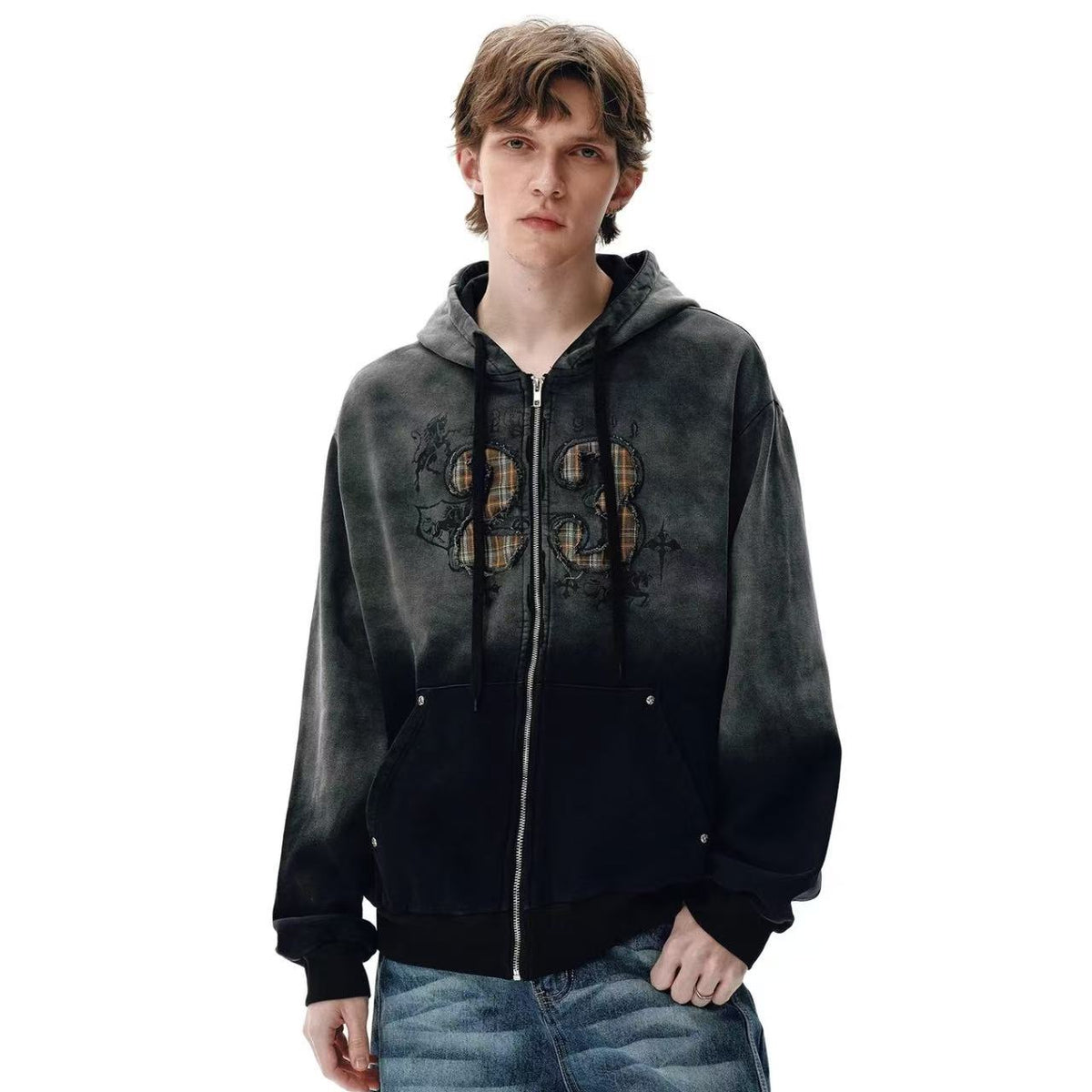 Wash Gradient 23 Plaid Patch Zip-Up Hoodie - OMYGOODS