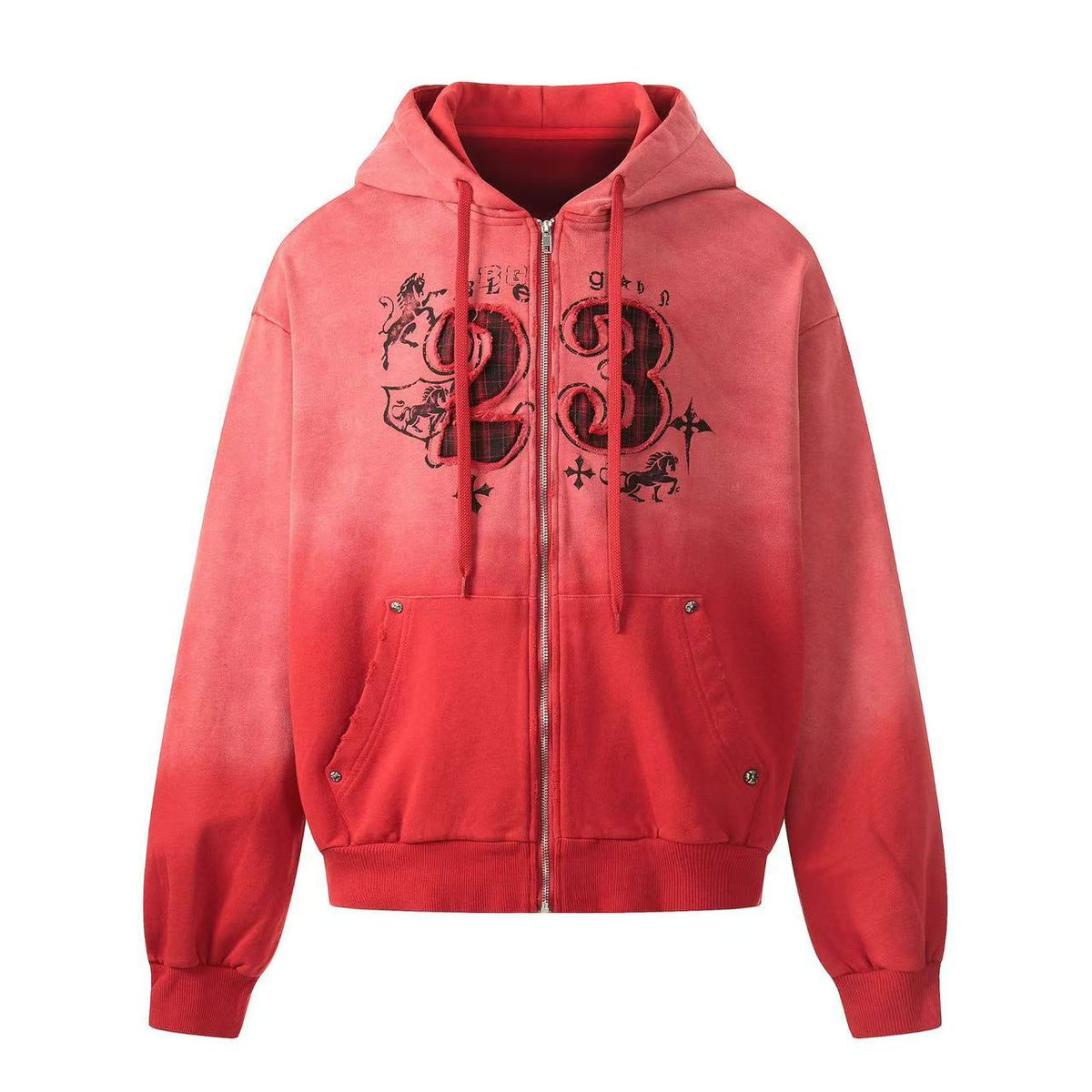 Wash Gradient 23 Plaid Patch Zip-Up Hoodie - OMYGOODS