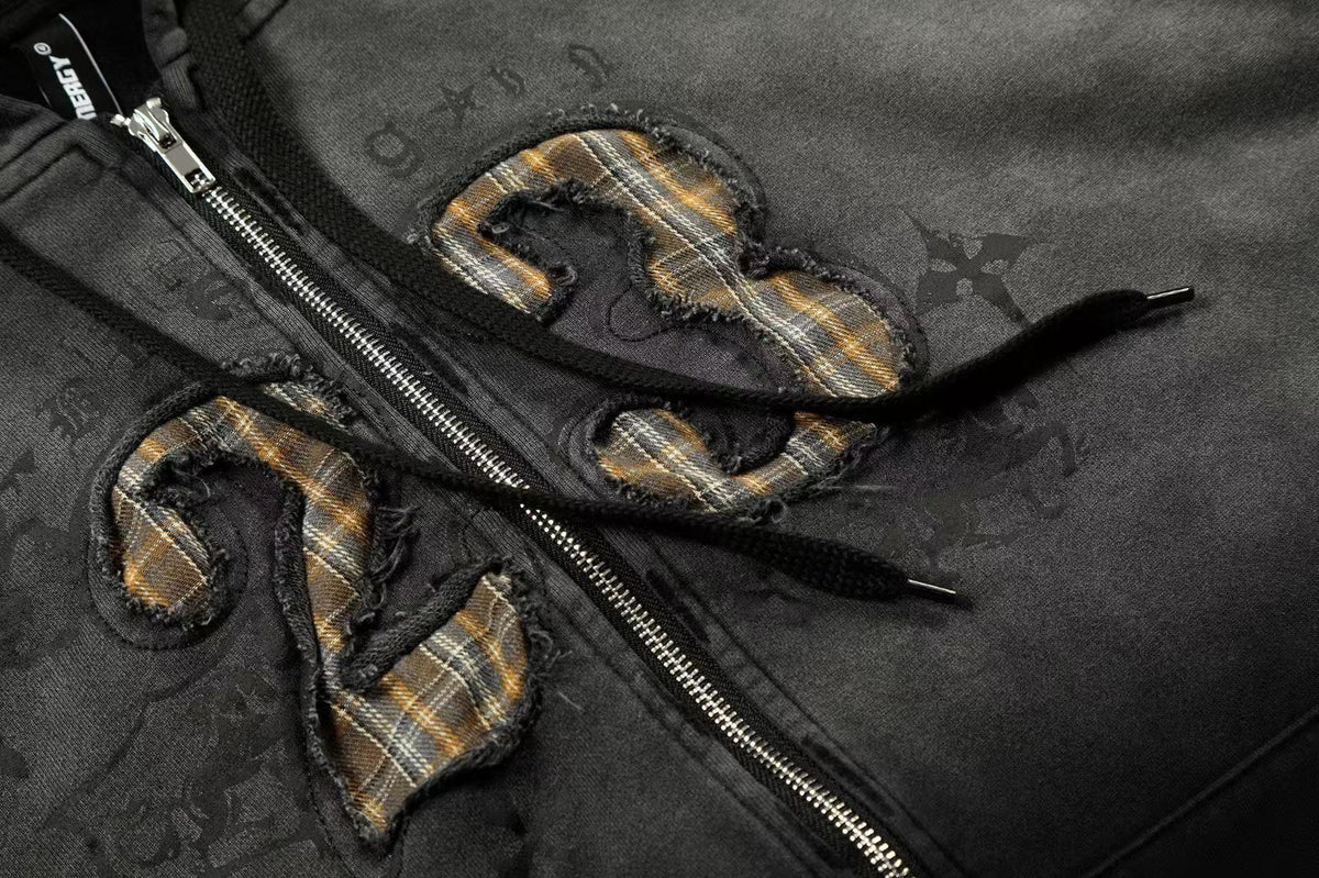 Wash Gradient 23 Plaid Patch Zip-Up Hoodie - OMYGOODS