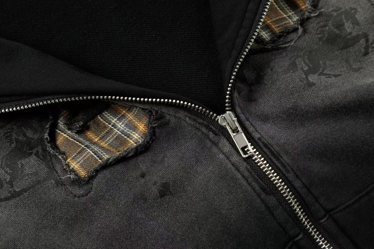 Wash Gradient 23 Plaid Patch Zip-Up Hoodie - OMYGOODS
