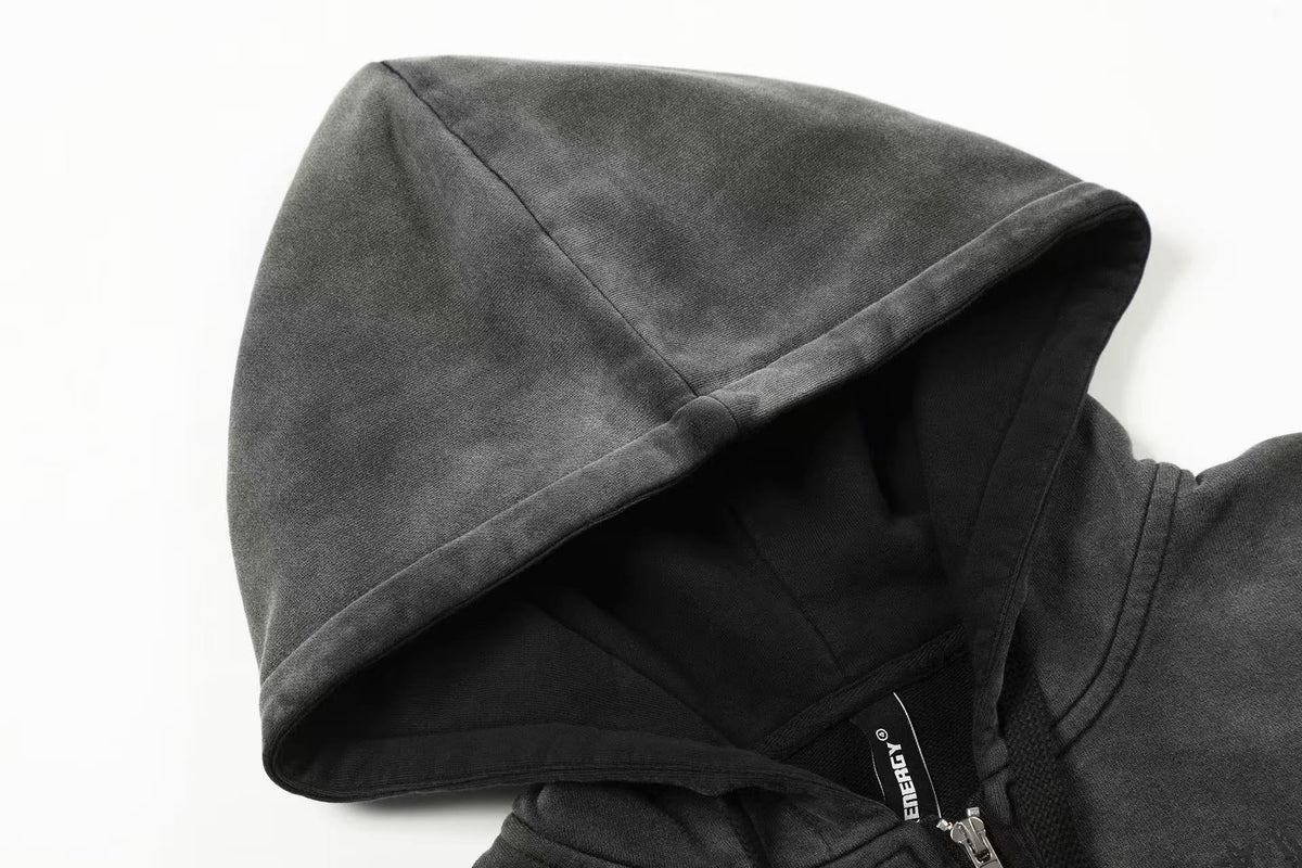 Wash Gradient 23 Plaid Patch Zip-Up Hoodie - OMYGOODS