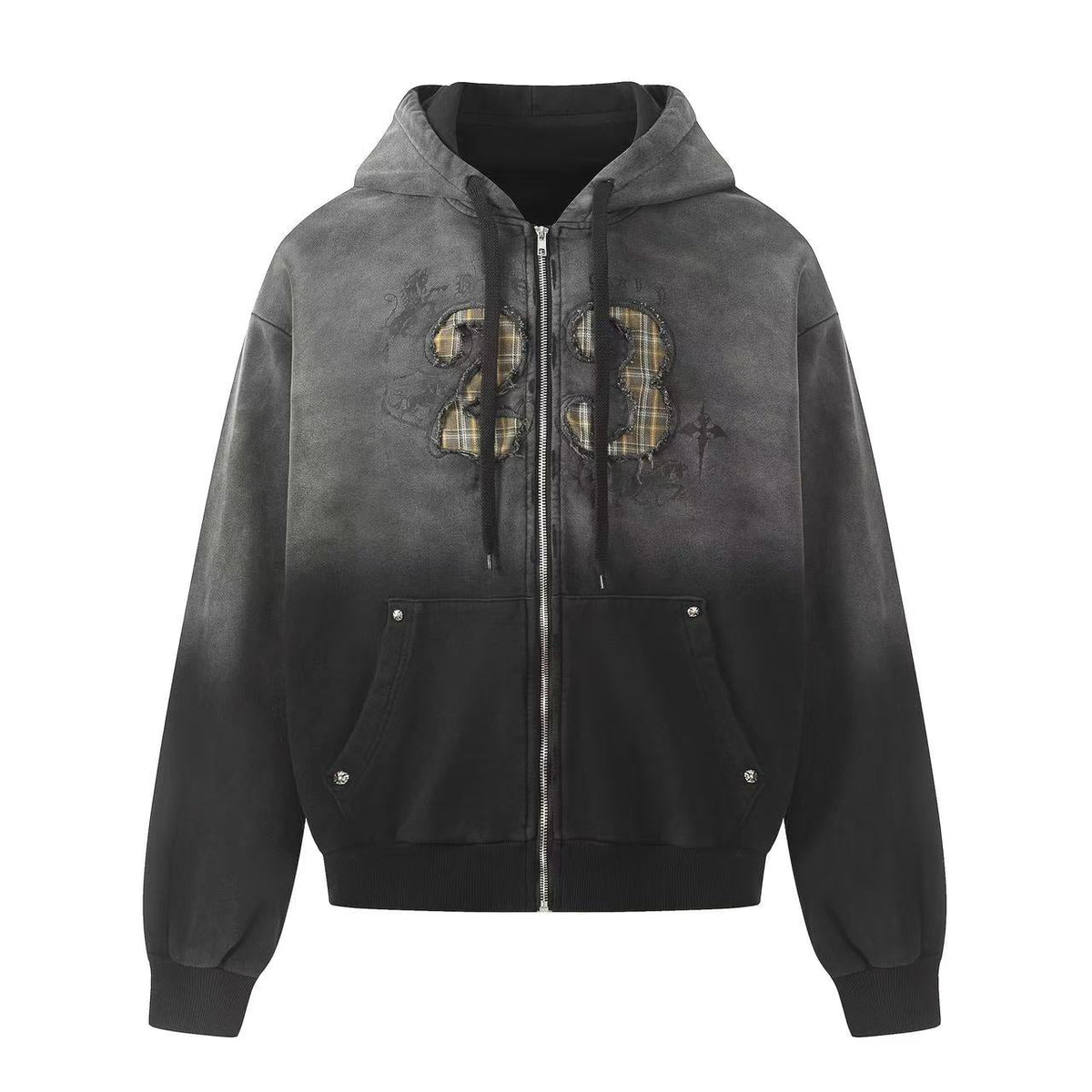Wash Gradient 23 Plaid Patch Zip-Up Hoodie - OMYGOODS
