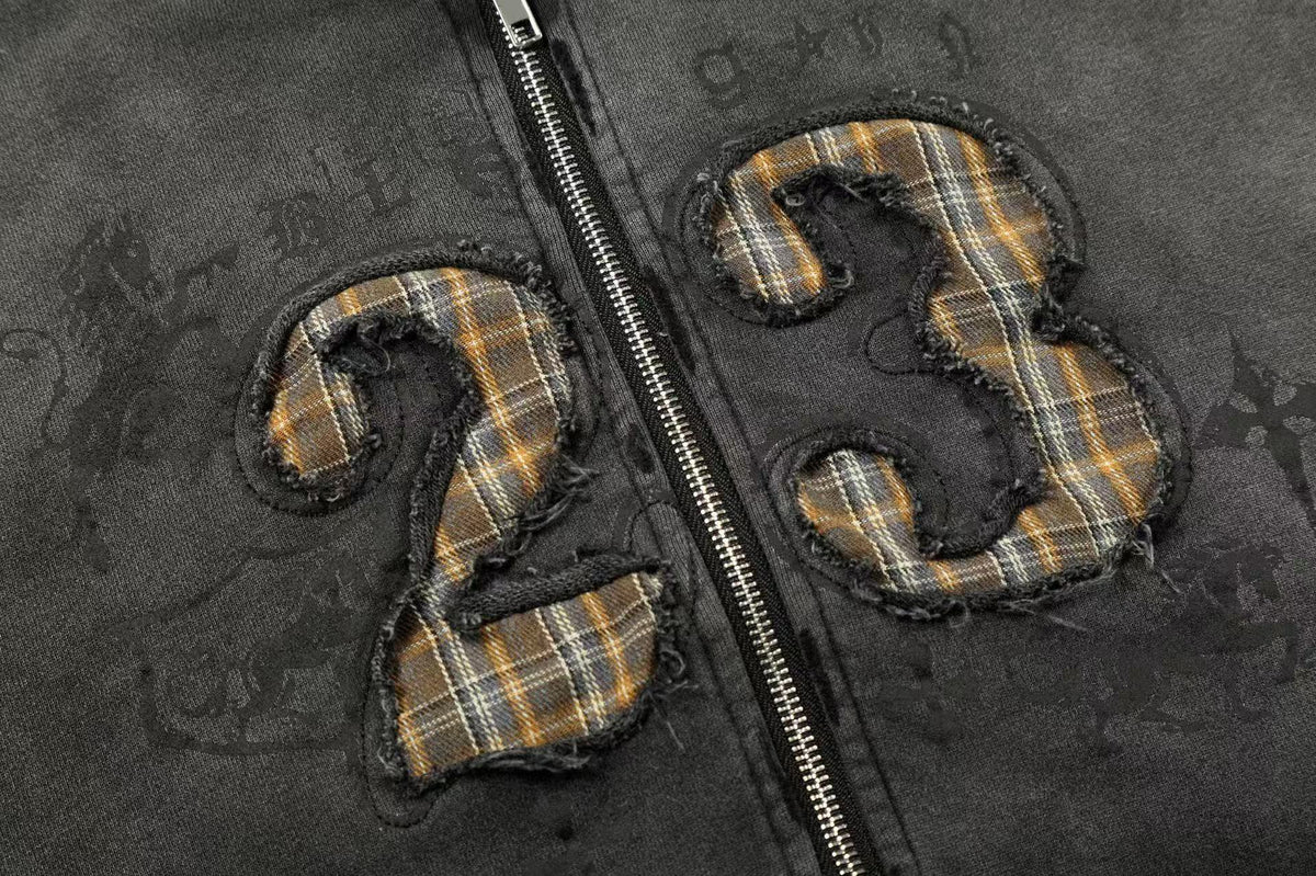 Wash Gradient 23 Plaid Patch Zip-Up Hoodie - OMYGOODS